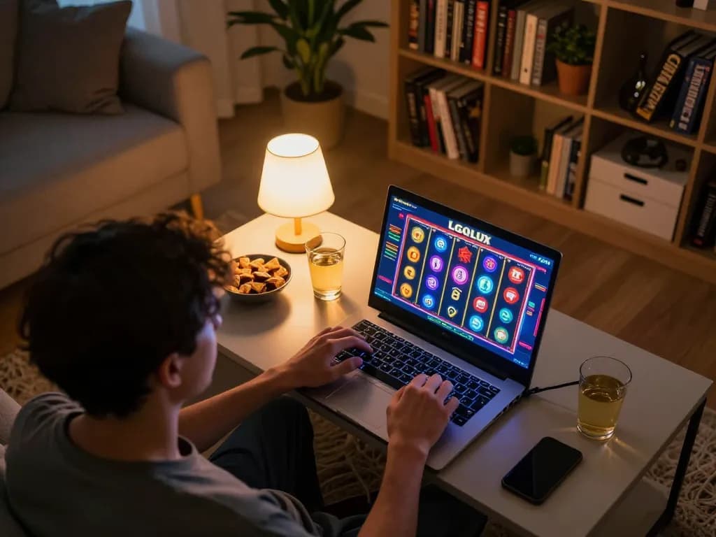 Engaged player enjoying LGOLUX slots on a laptop in a cozy home setup