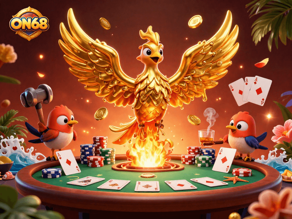 Engage in thrilling gaming with ON68's dynamic 3D illustration showcasing golden phoenix and poker elements.