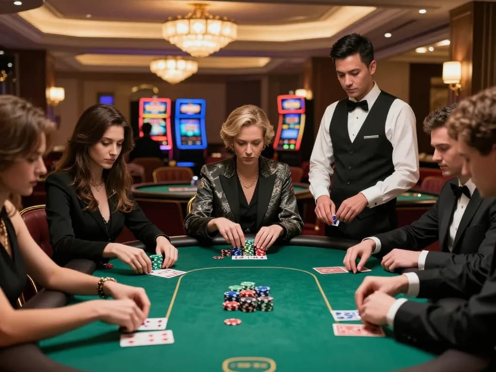 Trò chơi poker LUCK8 với mức cược cao thể hiện chiến lược người chơi căng thẳng và không gian casino sang trọng