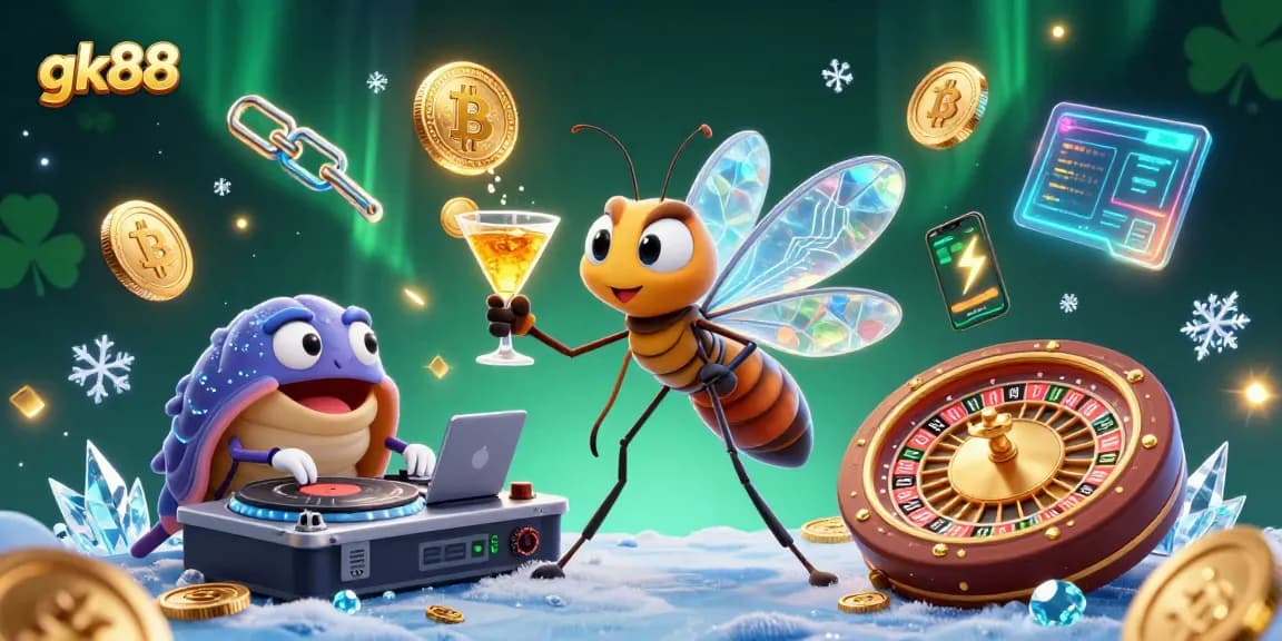 Spin with gk88: A vibrant scene featuring a frozen mosquito mascot at a casino, surrounded by neon coins.