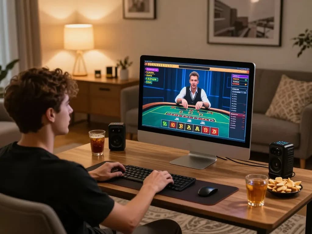 Player engaging with bgd33 online casino interface on desktop, enjoying strategic gameplay in a cozy setup.