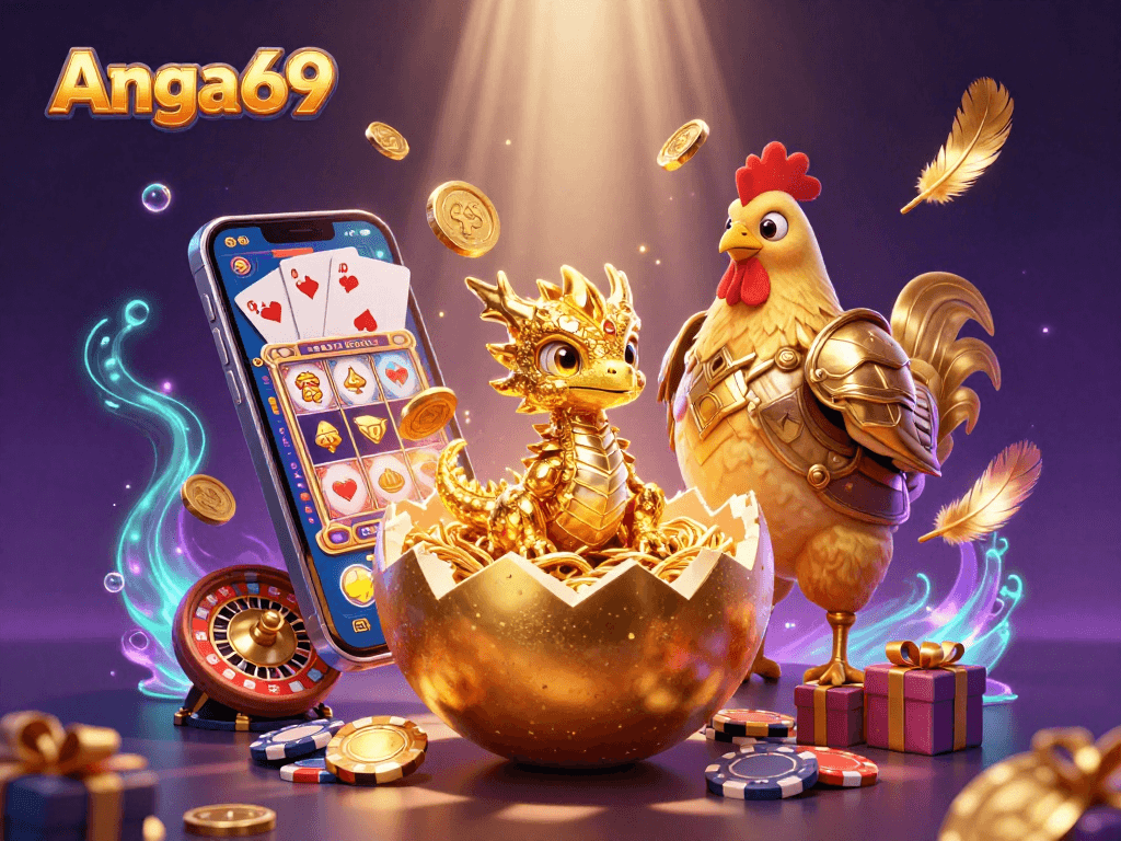 Experience Angka69: Play slots with a golden dragon, intertwining poker chips, and dynamic gaming elements.