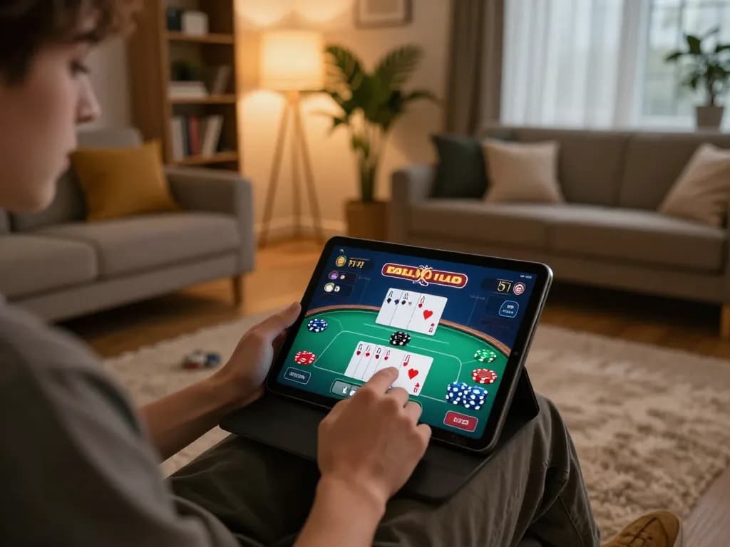 Hello88 user enjoying a poker game on a tablet in a cozy home environment, showcasing comfortable online gambling experience