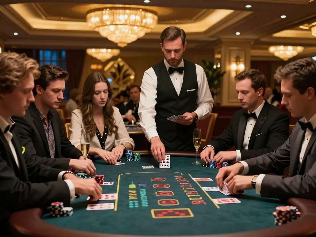 A dynamic blackjack game scene at cm88, featuring intense players and a skilled dealer in an upscale casino setting.