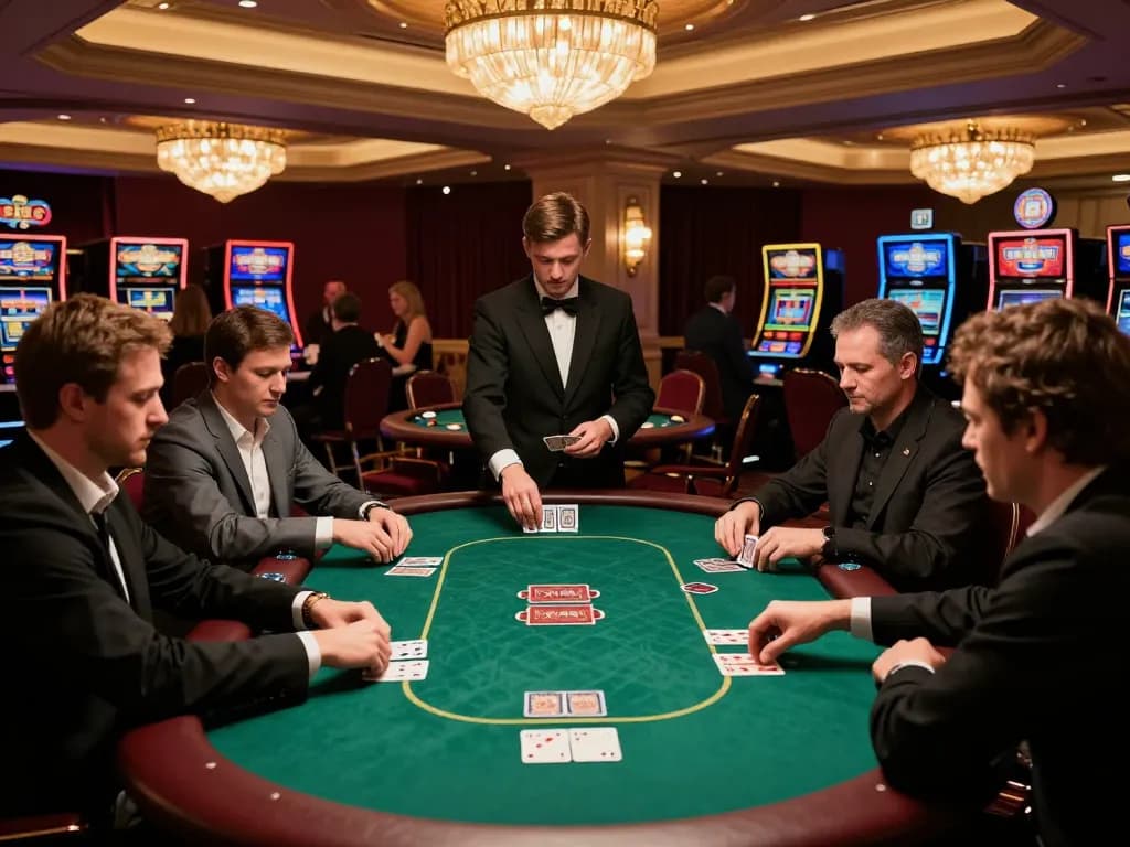 SC88 poker game in action with engaged players and professional dealers enhancing the casino atmosphere.