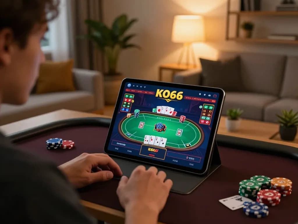 Khoảnh khắc thú vị của một game thủ khám phá ứng dụng KO66 để tìm hiểu chiến lược poker trong một không gian ấm cúng.