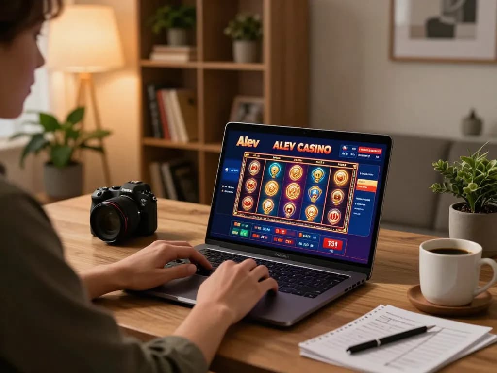 A person enjoys online gaming at Alev Casino, engaged with vibrant slot games on their laptop in a cozy setting.