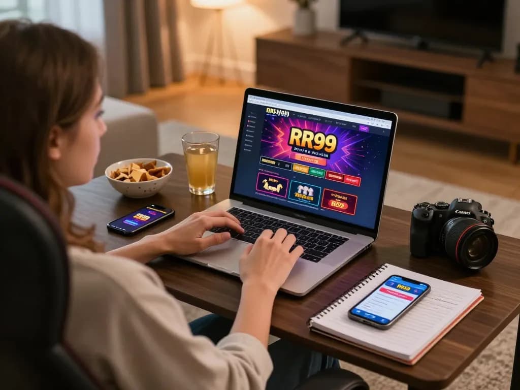 Player exploring RR99 online casino on laptop, showcasing a comfortable home gaming setup.