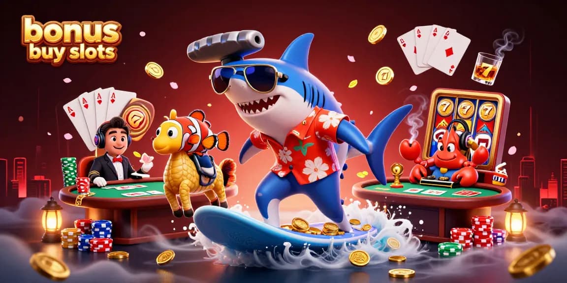 Experience thrilling bonus buy slots action with vibrant, animated casino characters in festive settings.