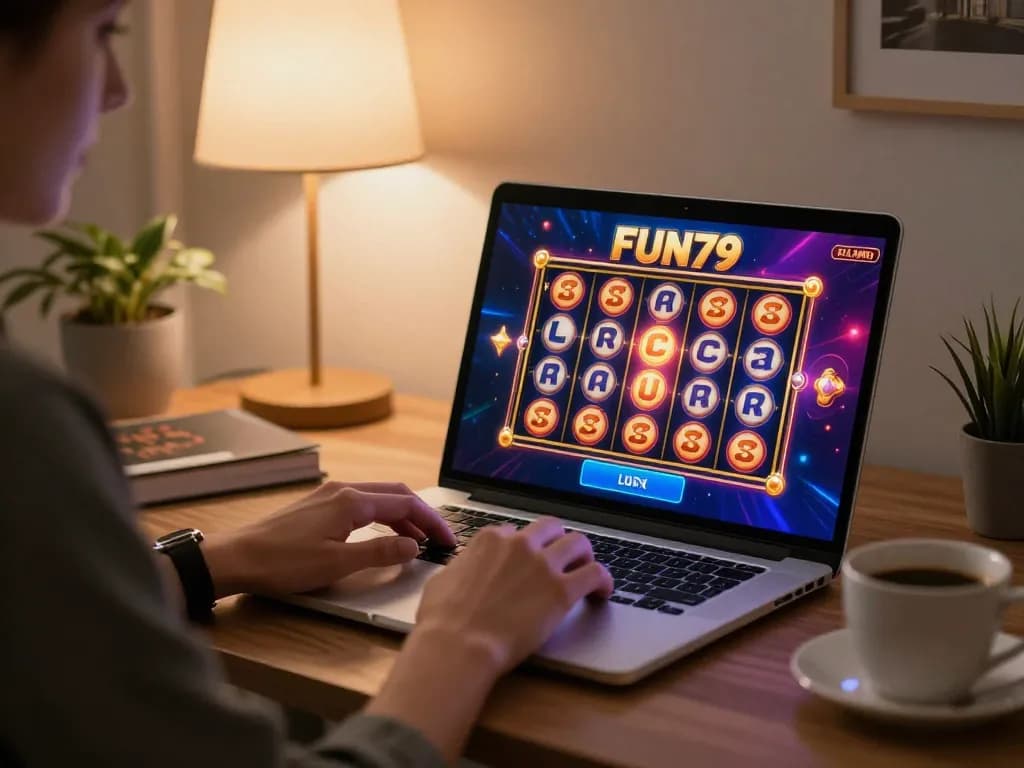 Player enjoying a FUN79 online slots game at home with vibrant graphics on screen