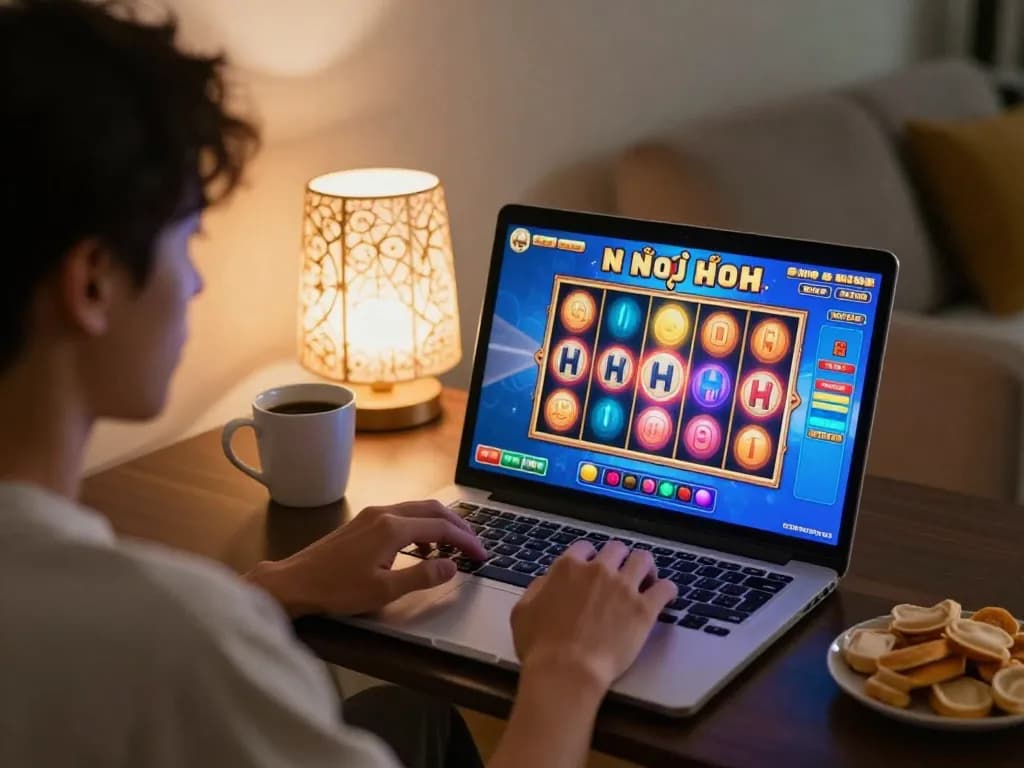 Engaging with a nổ hũ slot machine on a laptop, showcasing vibrant graphics in a stylish home