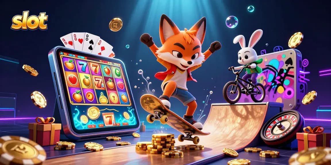 Mainkan slot seru dengan karakter kartun di ilustrasi kasino yang dinamis dan penuh warna.