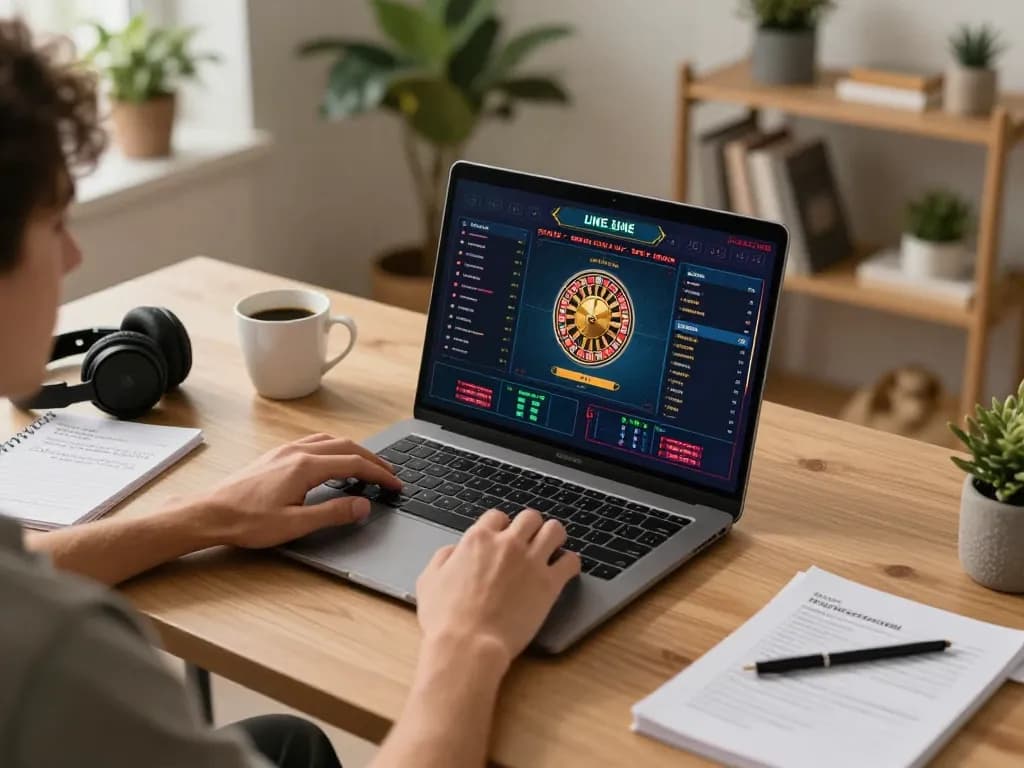 Luck8 player enthusiastic about online gaming with live dealer interface in comfortable home office.