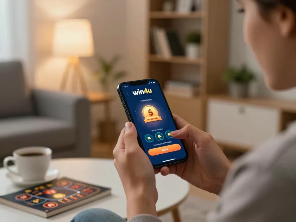 Person celebrating a win using the win4u app in a cozy home setting during online gaming.