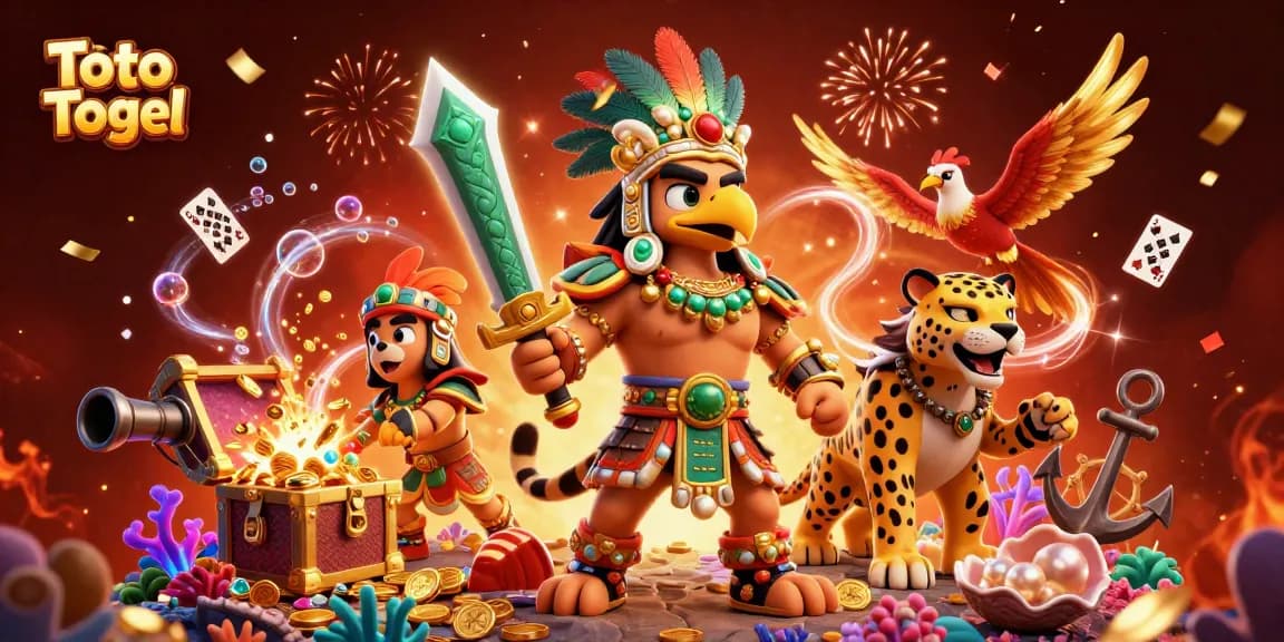 Toto Togel mempersembahkan ilustrasi dinamis dengan petarung Aztec dan elemen permainan kasino.