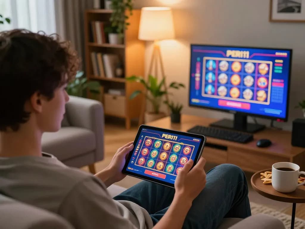 Engaging in PERI11 online casino gaming on a tablet in a cozy living room setting