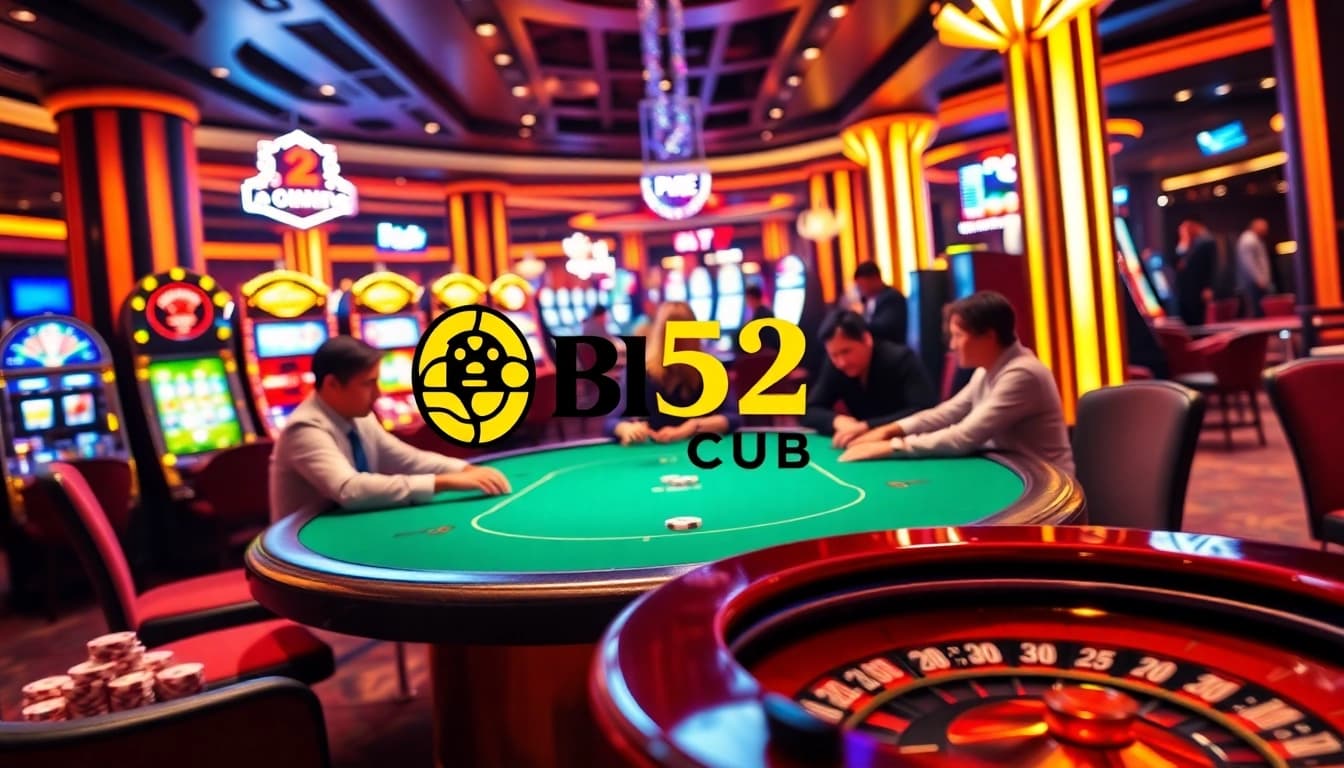 Engage with B52 CLUB players at a lively poker table in a vibrant casino.