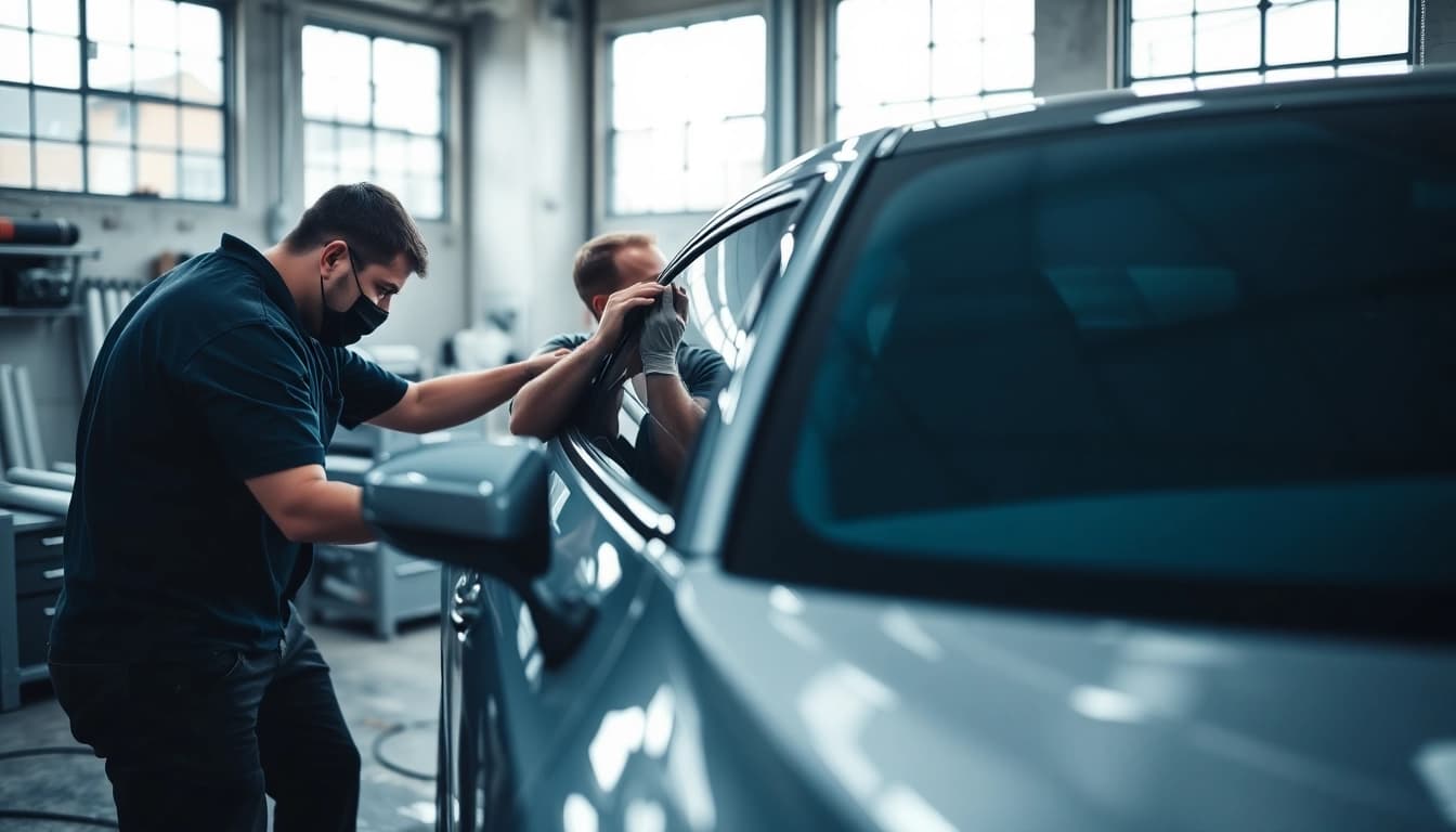 Auto window tint near me installation demonstration in a modern workshop setting.