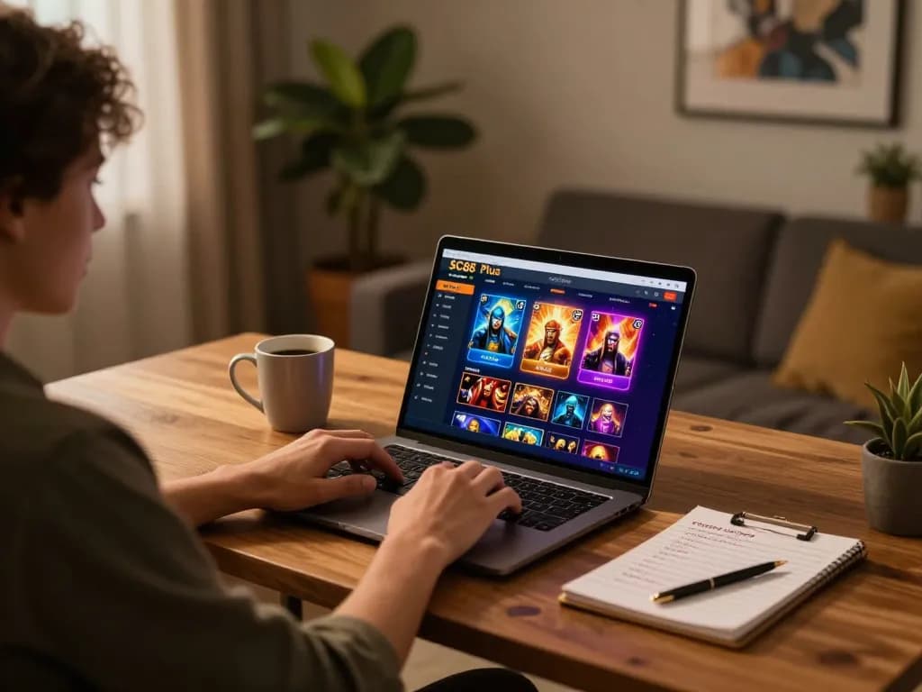 Engaging in gameplay with SC88 Plus app displayed on laptop, highlighted gaming atmosphere.