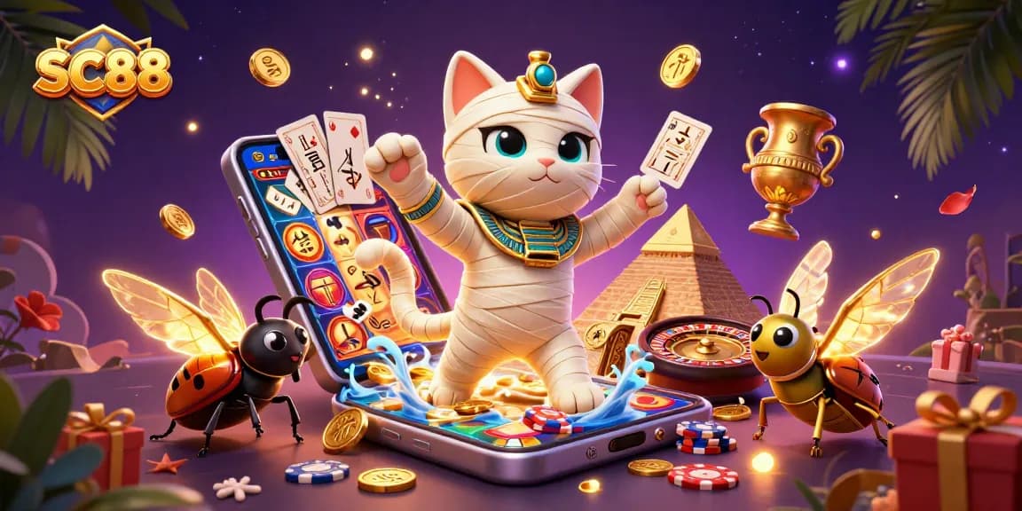 Engage with SC88's vibrant casino scene featuring a mummy cat, glowing scarab, and dynamic slot game elements.