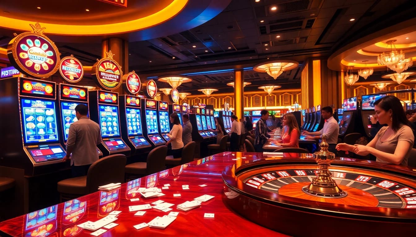 Engaged players enjoying game nổ hũ slots with jackpot symbols and vibrant casino chips