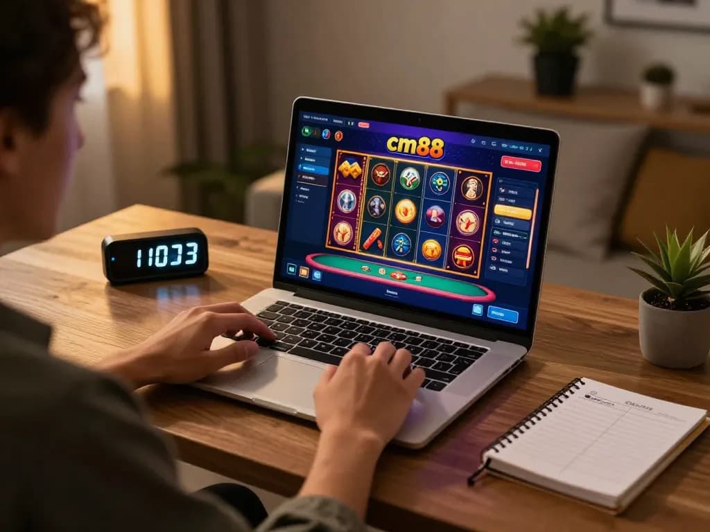 Engaging in online casino games at a cm88 setup, highlighting responsible gaming practices.