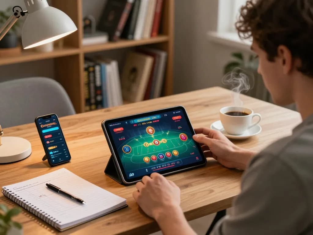 Engaging in online baccarat on tablet at home, showcasing kk vin betting strategies and tactics.
