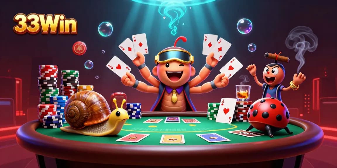 33Win captures a vibrant casino scene with animated characters at a lively poker table.