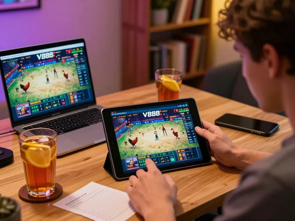 Watch V888 live chicken fights on a tablet, creating an exciting online gaming atmosphere