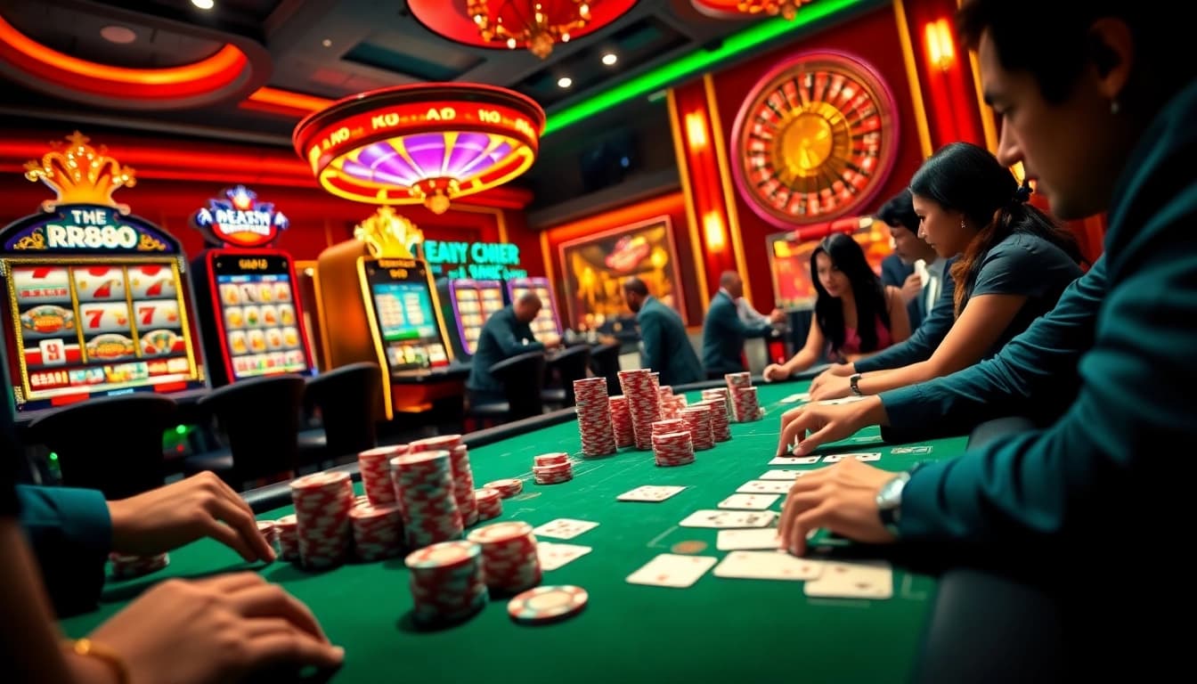 Experience thrilling gameplay at RR88's casino tables, featuring poker chips and vibrant slot machines.