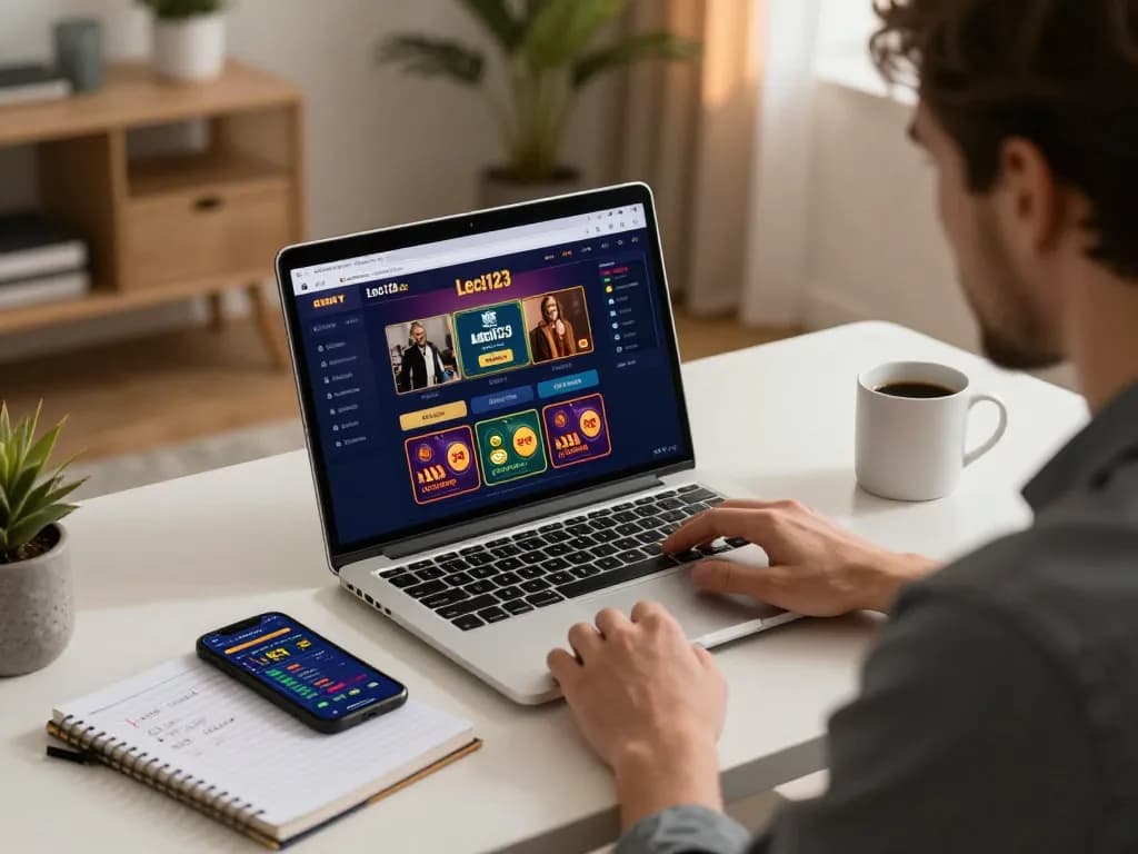 Pemasangan permainan online Leci123 yang menampilkan seorang pemain memilih permainan di kantor rumah yang nyaman.