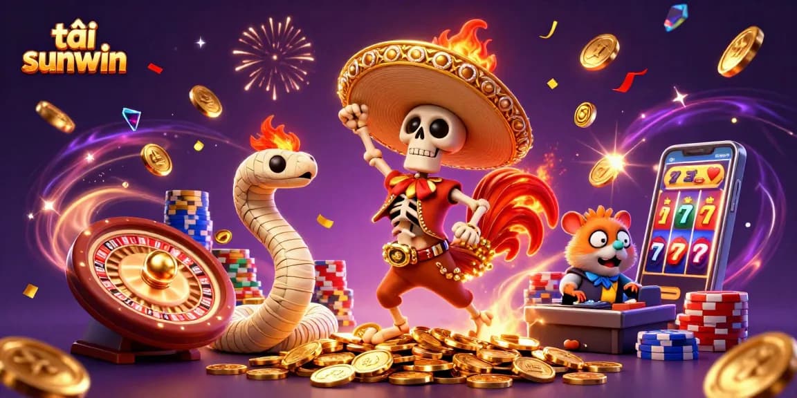 Tải sunwin to enjoy exciting games amidst cascading coins and vibrant characters celebrating victory.