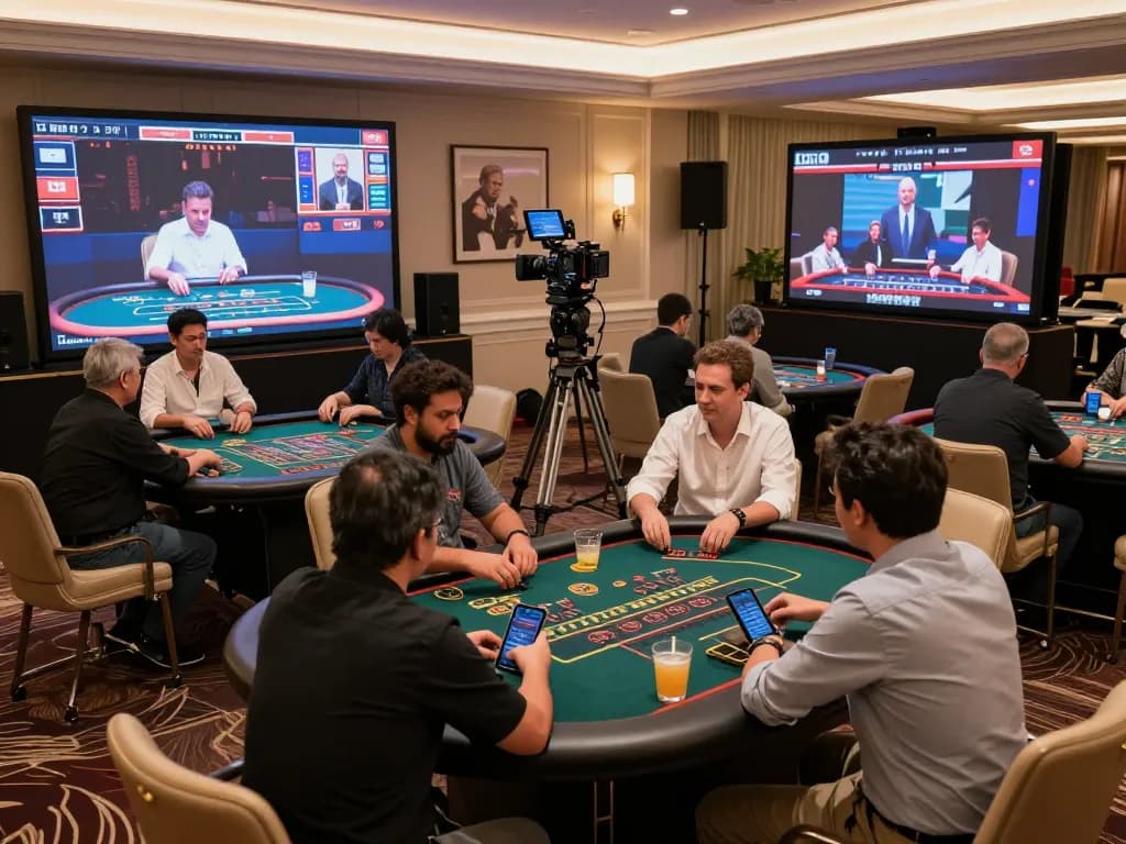 Engaged players at Da88 live dealer casino, interactive gaming atmosphere, warm luxurious environment.