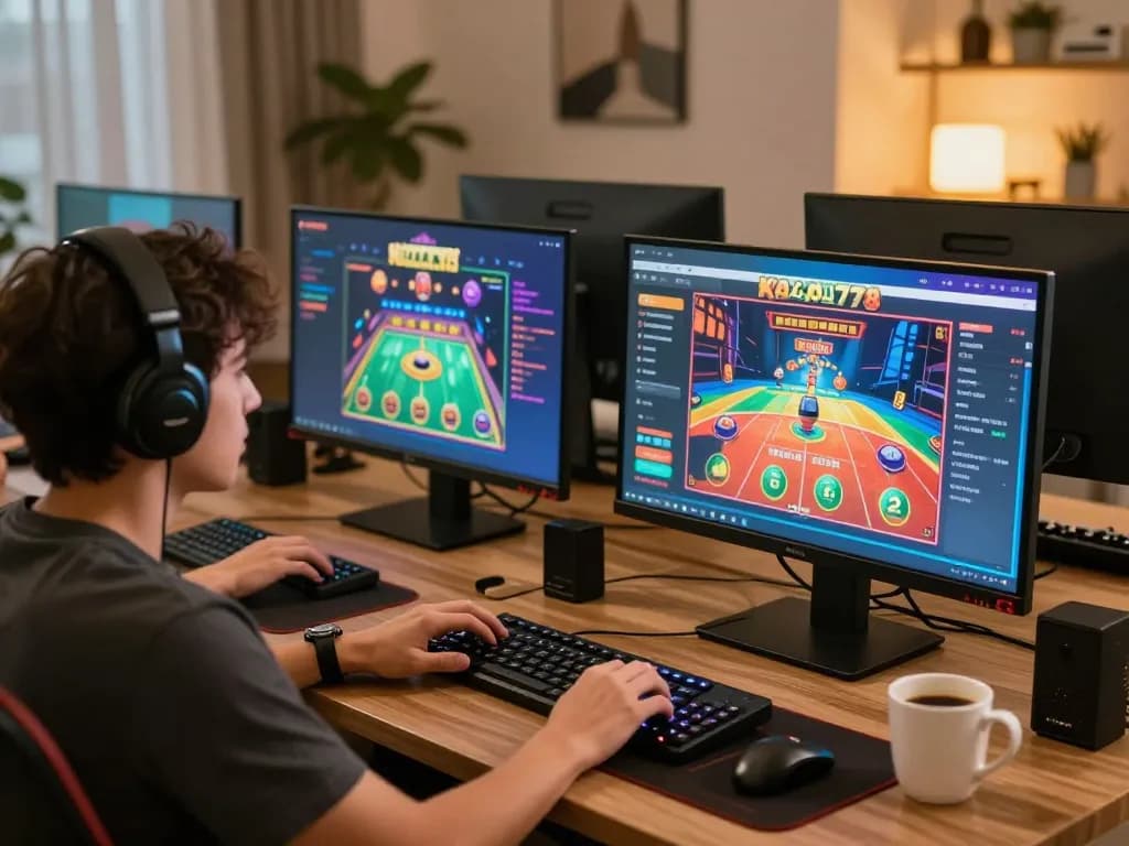 KADAL778 user enjoying online casino games with multiple screens in a cozy home setting