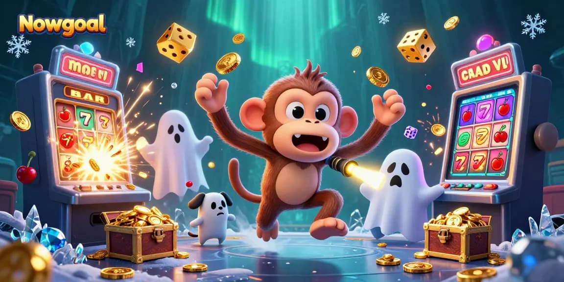 nowgoal features a playful monkey juggling golden objects in a haunted casino atmosphere