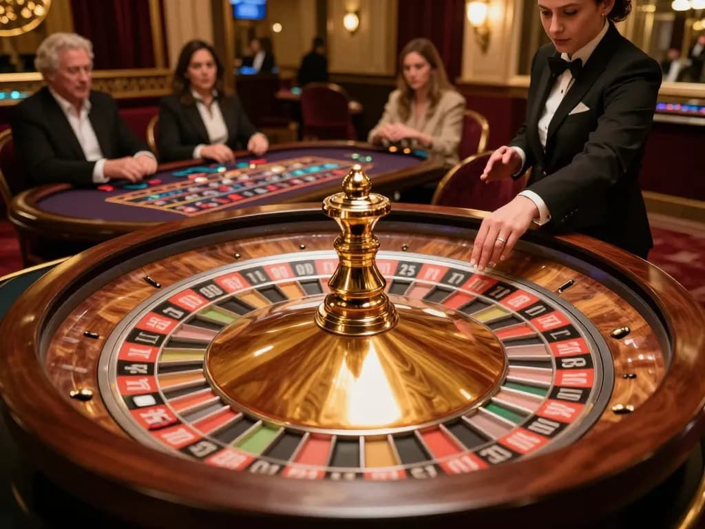 The excitement at https://rikbet.global/ as a roulette wheel spins, captivating players in a luxurious casino setting.