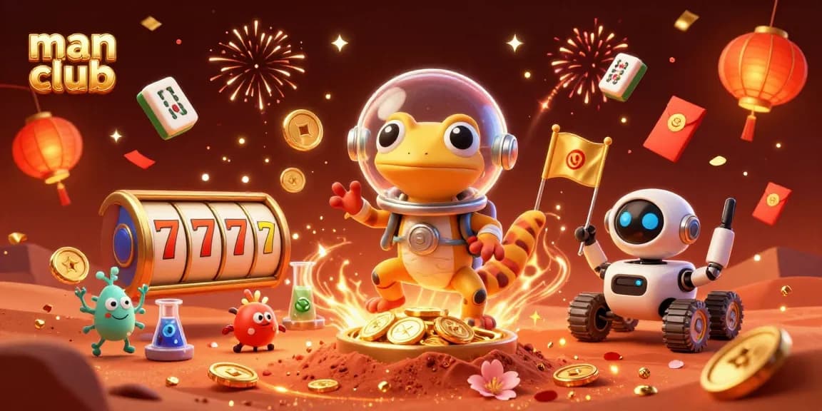 Experience the excitement at "man club" casino with spinning slot reels and vibrant decorations