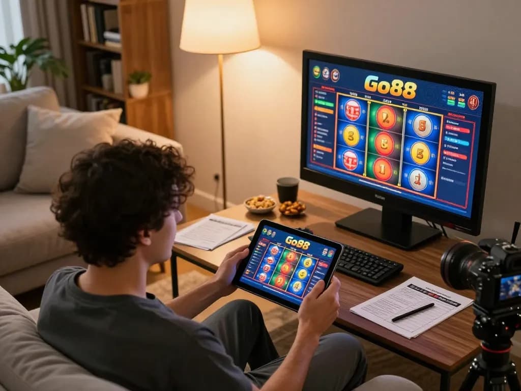 Engaged player enjoying Go88 slot games on a tablet during a cozy home gaming session.
