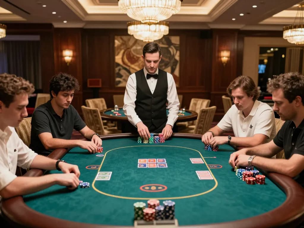 High-stakes poker game in luxurious VIP section, showcasing Da88 players competing at elegant tables with dealer managing cards