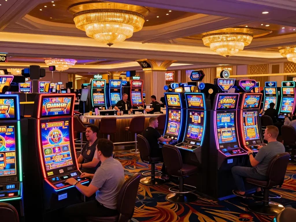 Engaging gameplay at Da88 casino with players enjoying vibrant slot machines in luxury setting