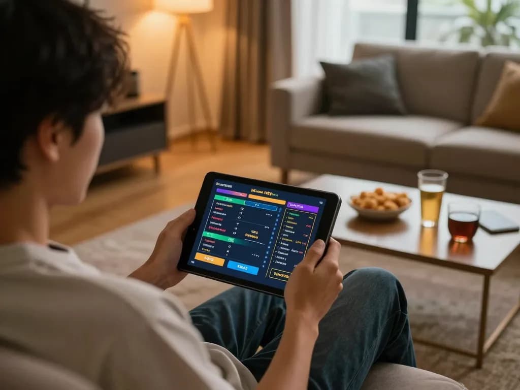 Engaging with betting strategies at Nhà cái F8bet through a tablet in a cozy home setting