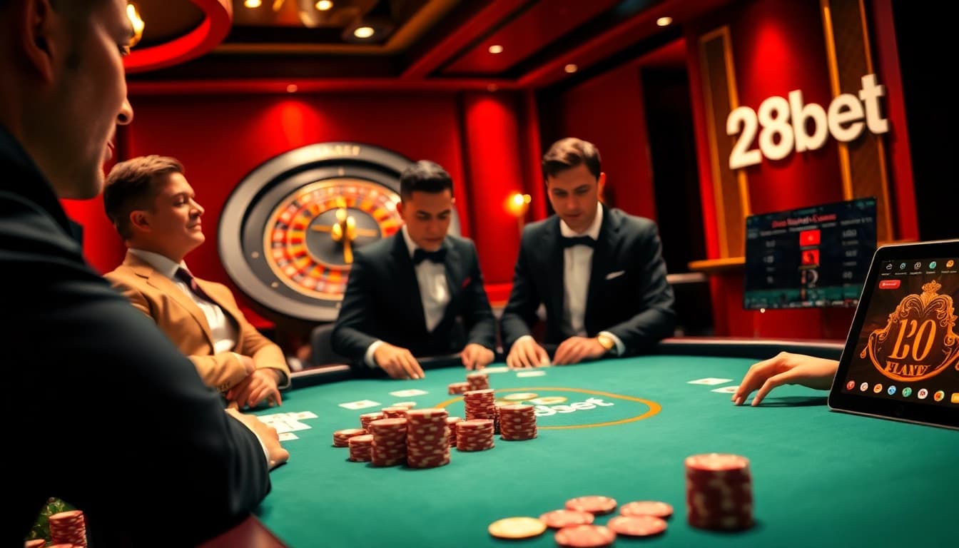 High-stakes poker game at 28bet casino with vibrant atmosphere and luxurious decor.