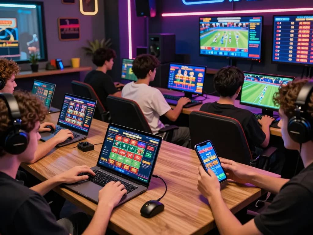 Players engaging with OPEN888 online gaming on various devices in a vibrant, immersive environment.