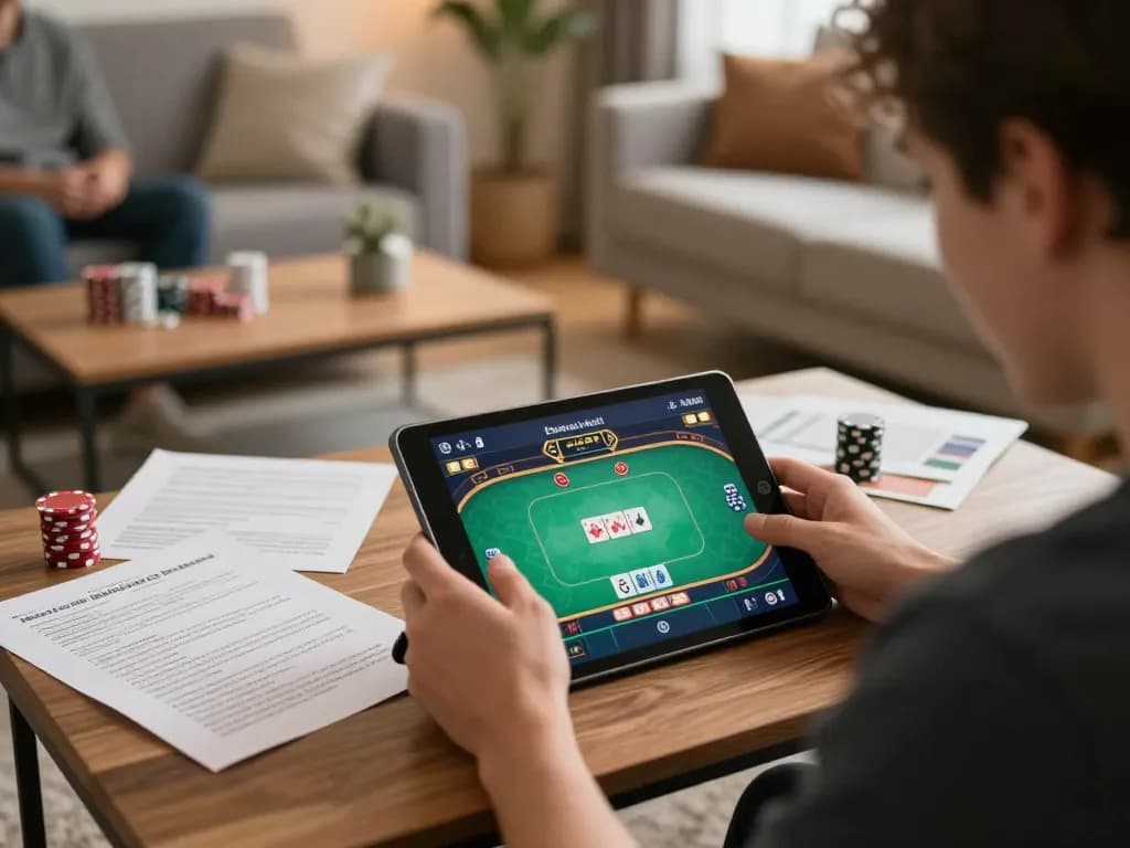 Pemain menikmati poker di aplikasi sl777 di ruang tamu yang nyaman, menyoroti strategi dan keterlibatan permainan.