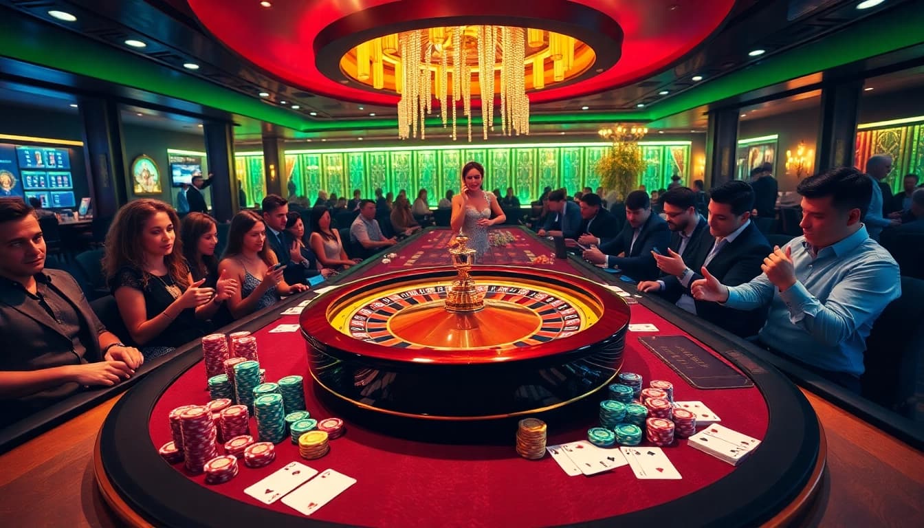 Gamblers enjoying an exciting roulette game at fun79 casino with colorful chips and cards.