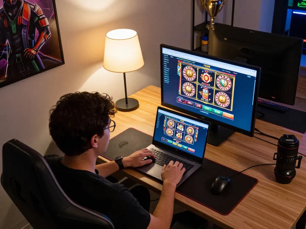 FC88 user engaged in online slot gameplay on a laptop, modern gaming environment.