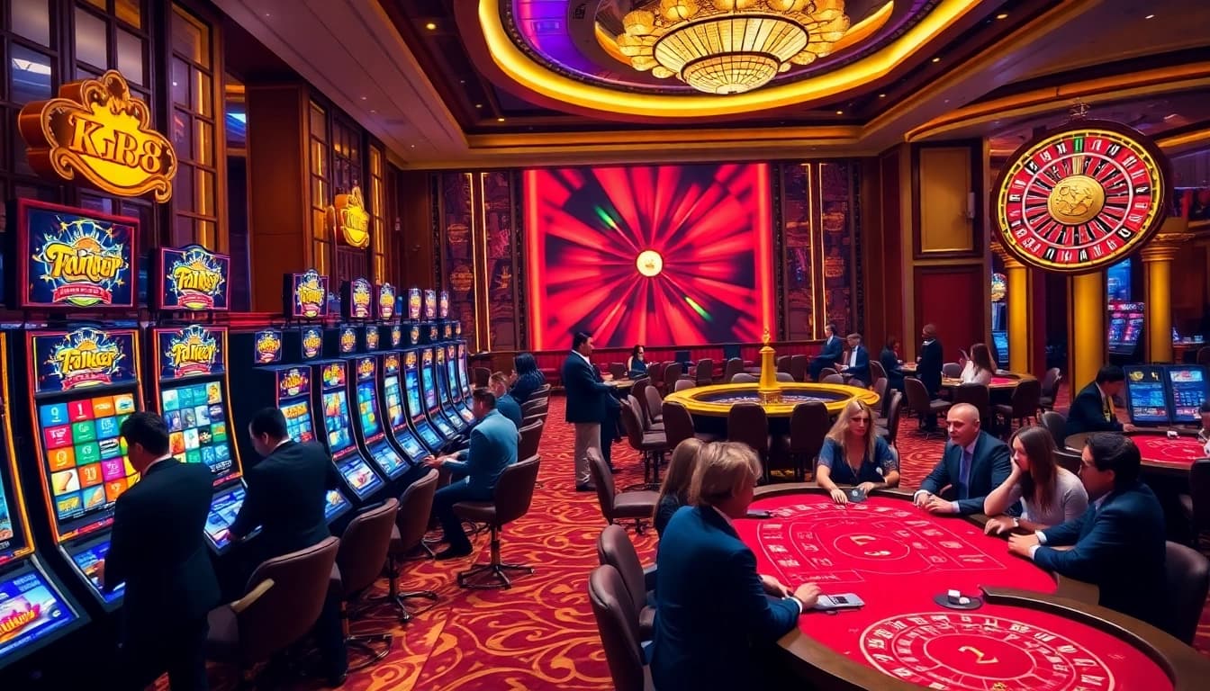 Players enjoying lively games at UK88 casino, featuring slots and poker tables.
