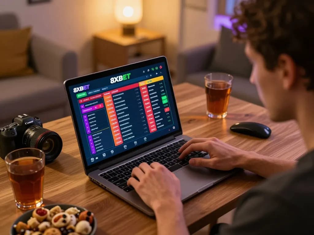 8xbet user engaged in live sports betting from home, focused on odds and strategy.