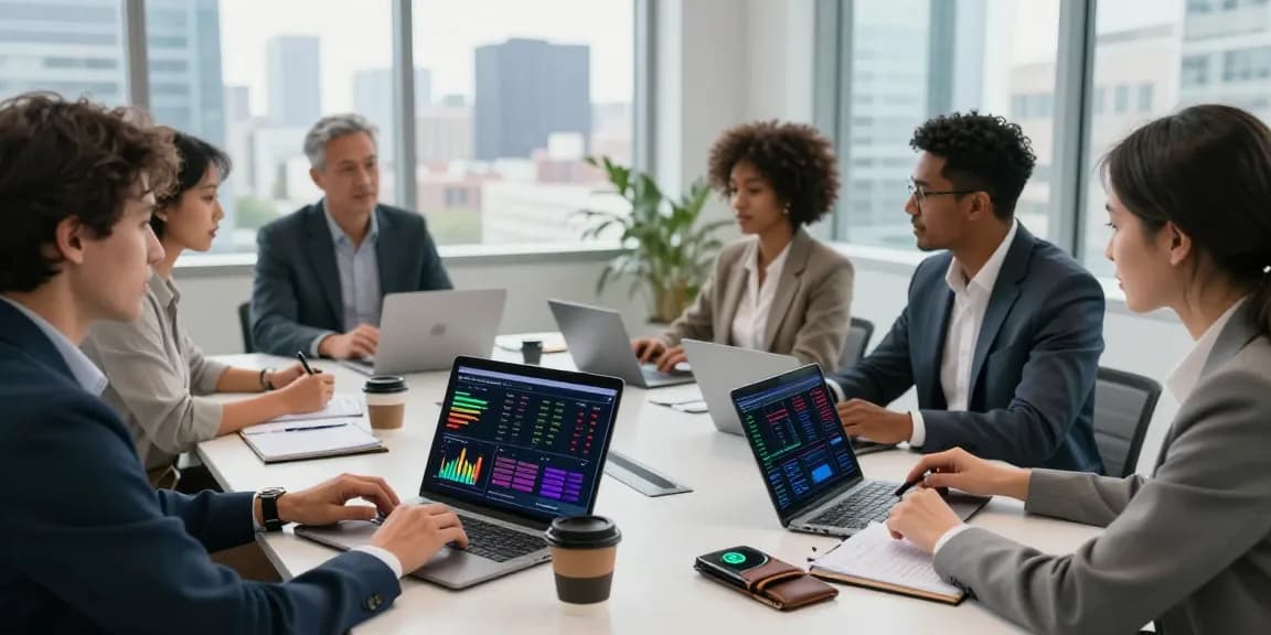 Investors discussing strategies to buy in BRICS crypto in a modern office setting.