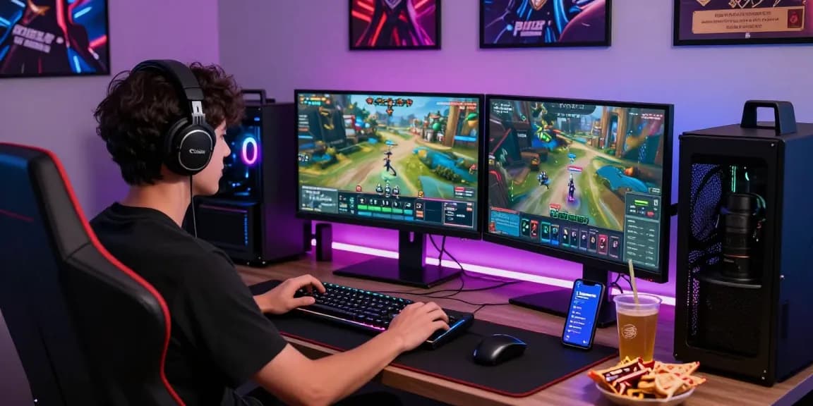 Online gaming at mahajitu with multiple monitors and vibrant lighting.